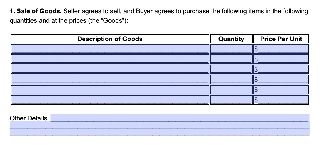 An example of where to include information about the description of goods in a sales agreement