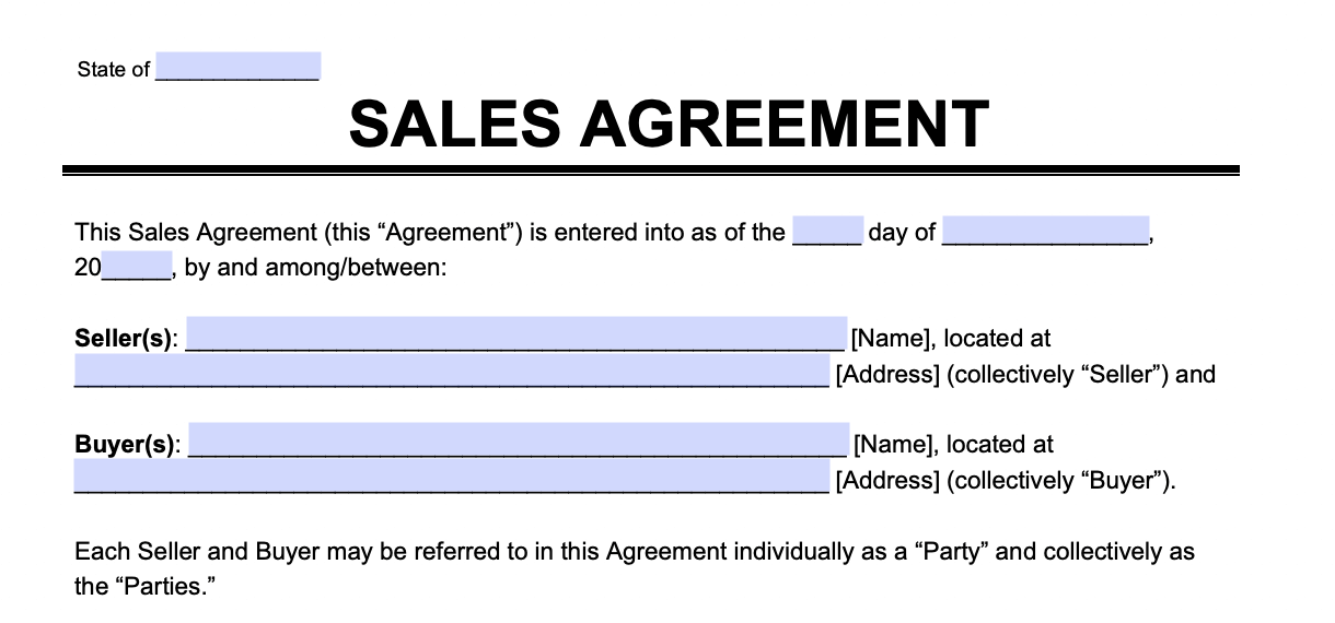 An example of where to include information about the parties involved in a sales agreement