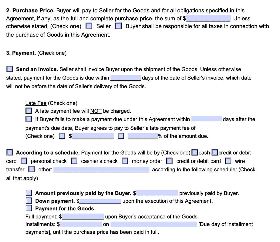 An example of where to include information about purchase and payment details in a sales agreement