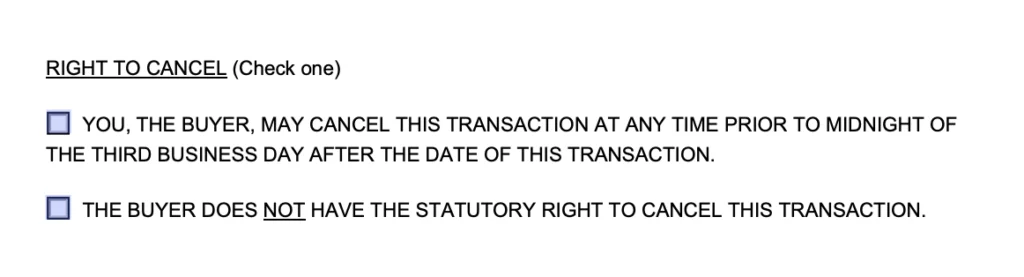 An example of where to include information about the right to cancel in a sales agreement