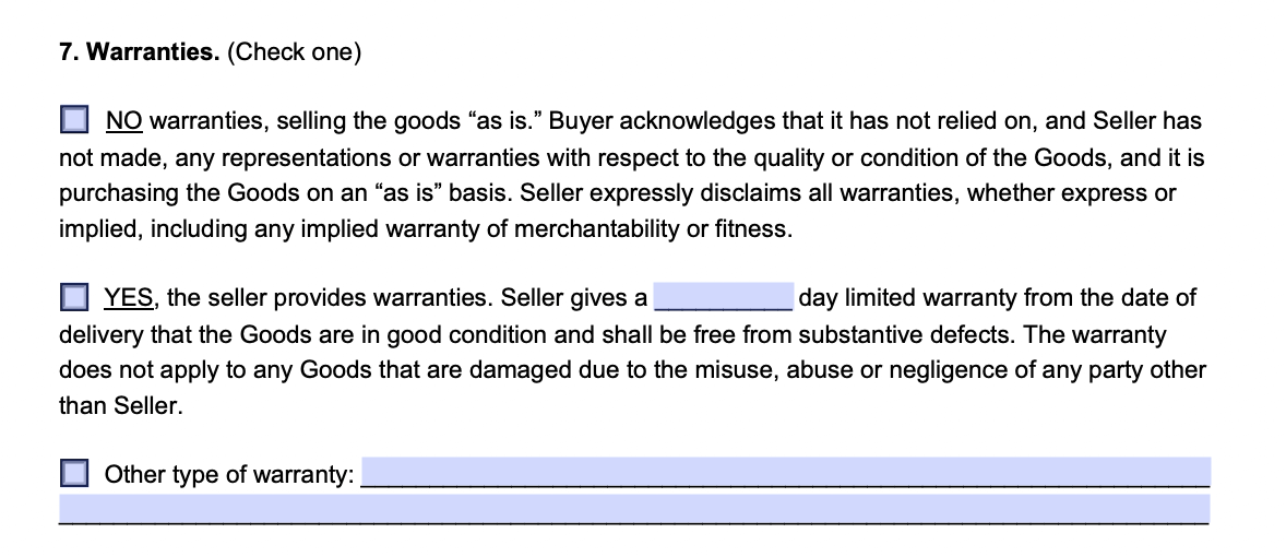 sales agreement warranties details