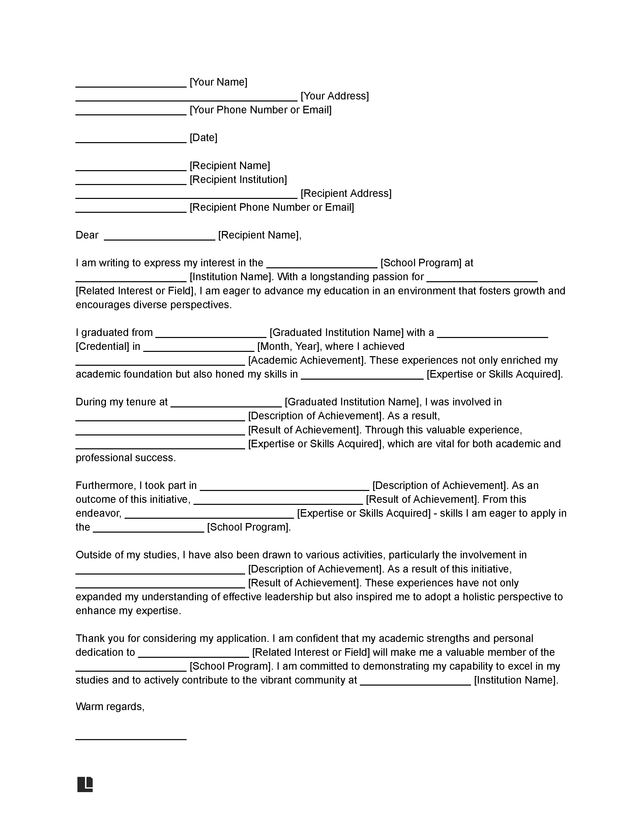 School Letter of Intent Template