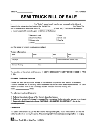 semi truck bill of sale