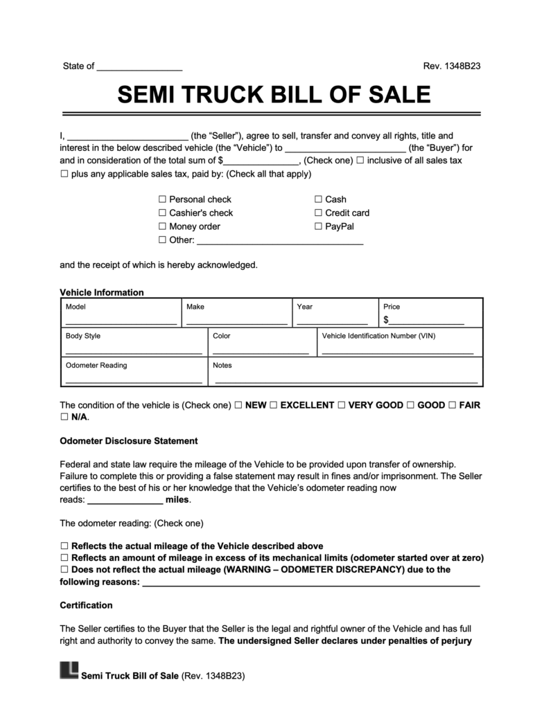 semi truck bill of sale