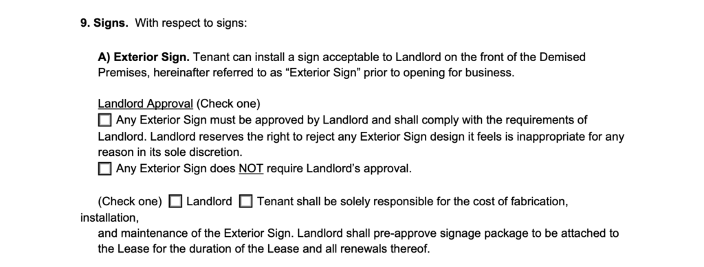 signs - exterior signs section in a commercial lease agreement
