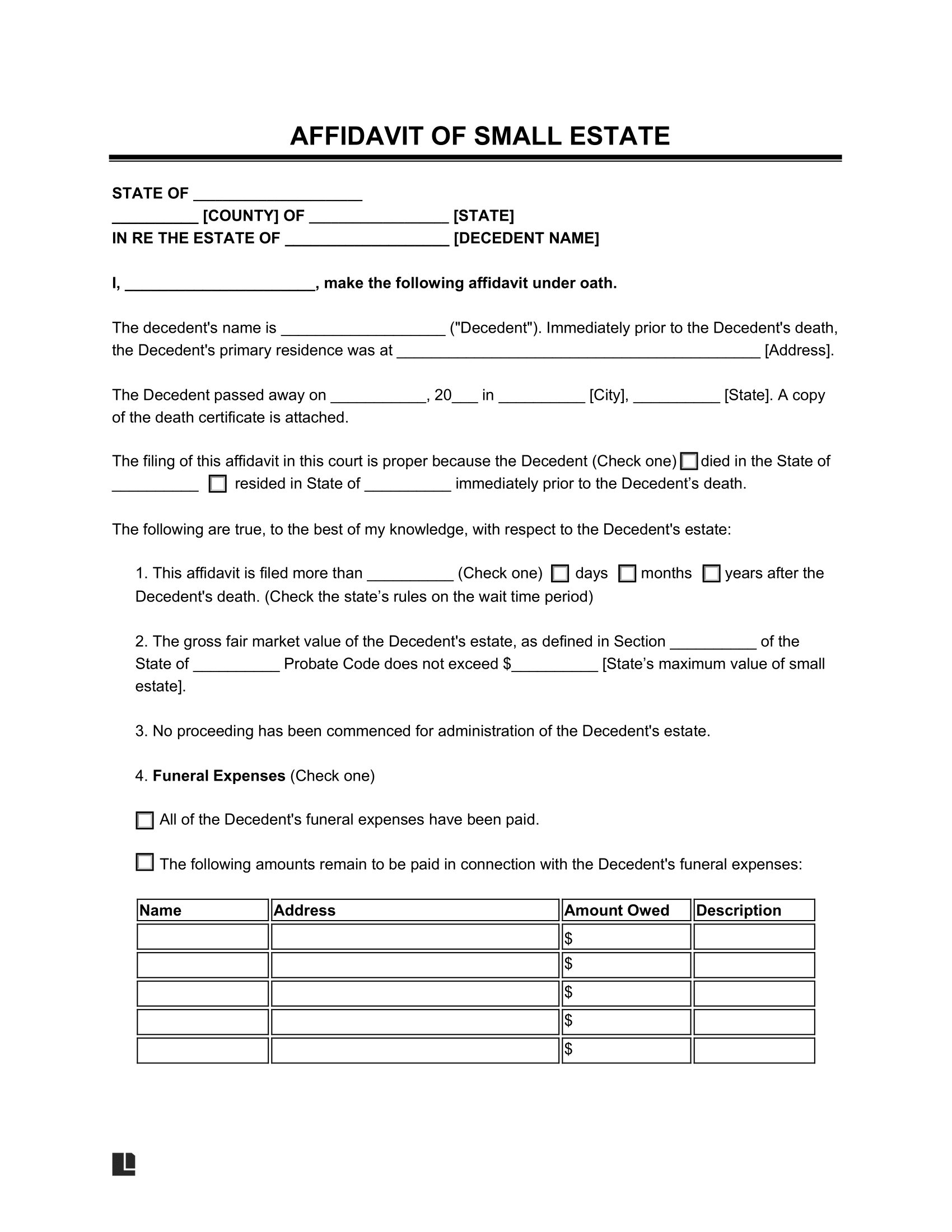 Free Small Estate Affidavit Form PDF Word