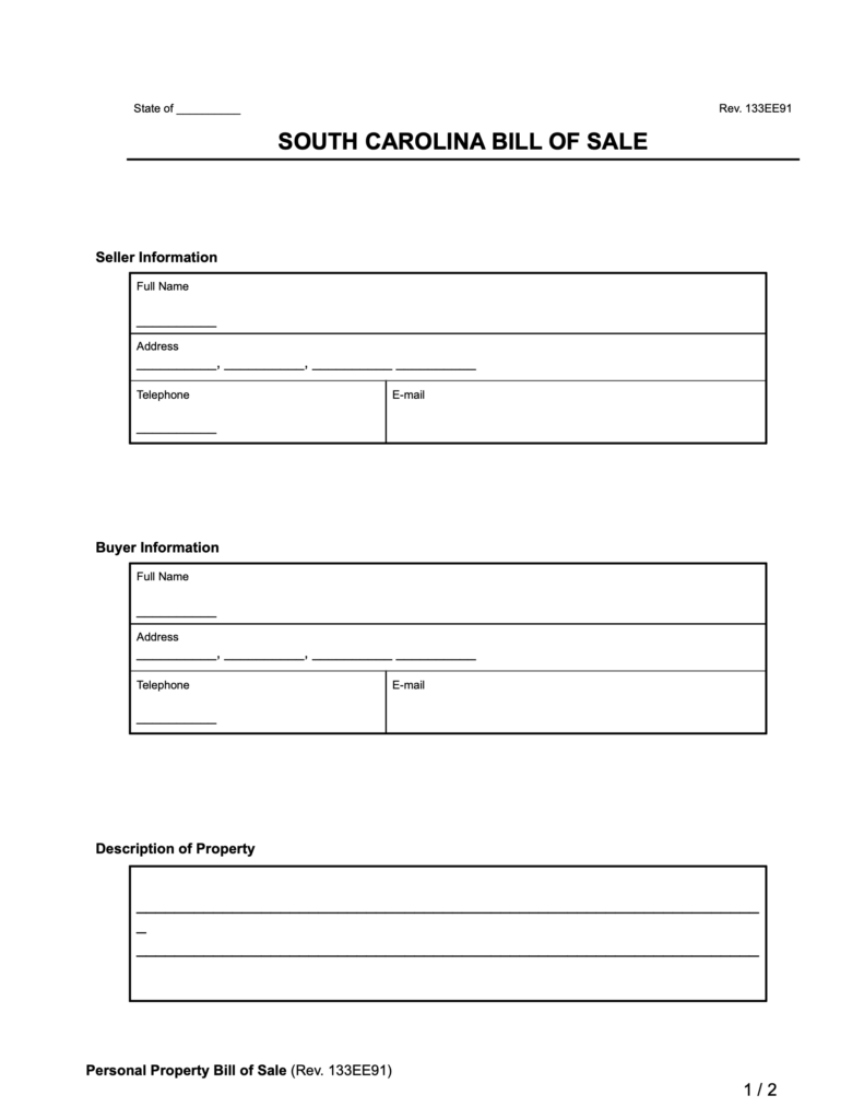 South Carolina Bill of Sale Forms PDF & Word