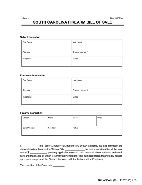 south carolina firearm bill of sale