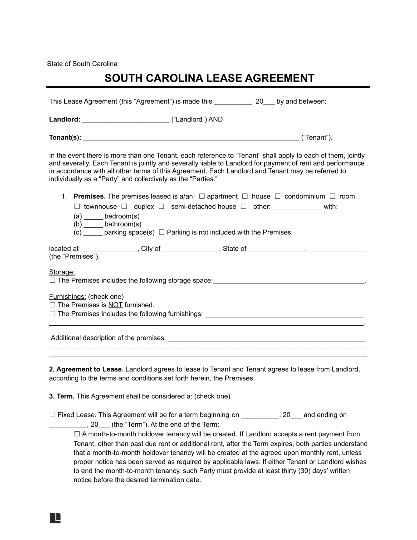 South Carolina Residential Lease Agreement | Legal Templates