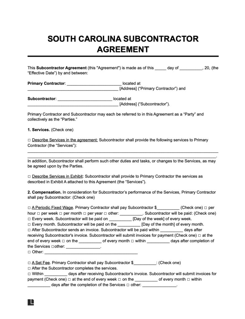 South Carolina Subcontractor Agreement (PDF & Word) | Legal Templates