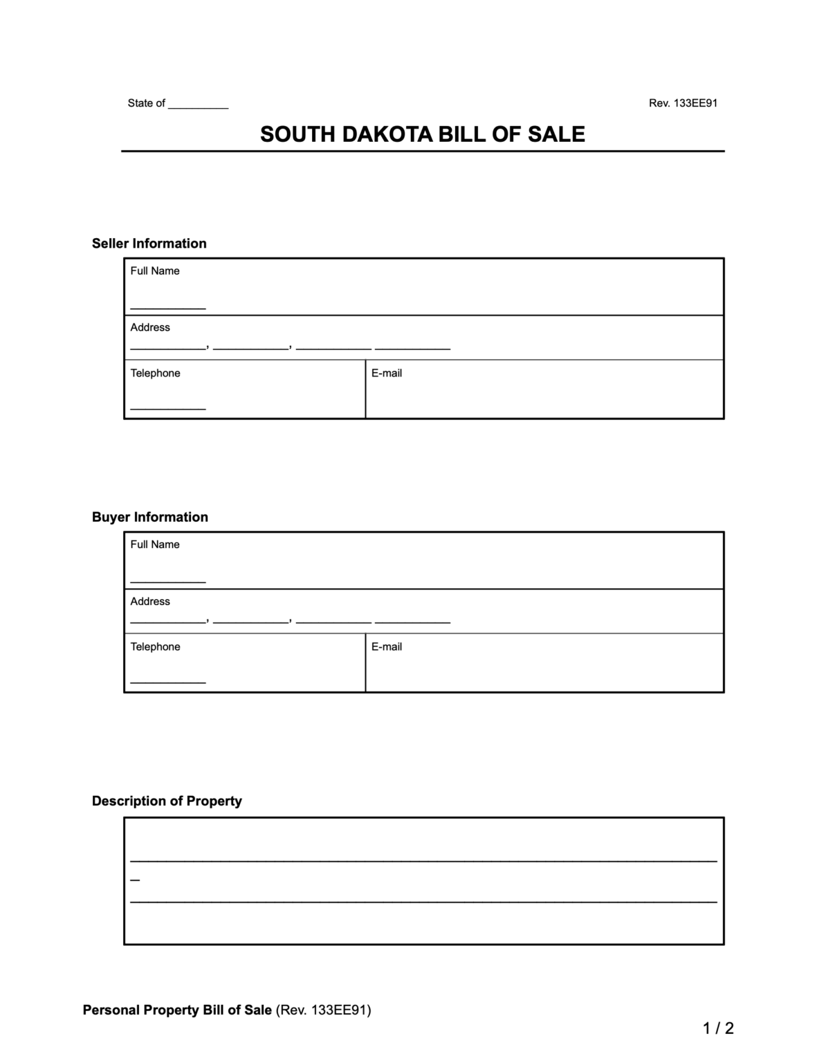 South Dakota Bill of Sale Forms | PDF & Word