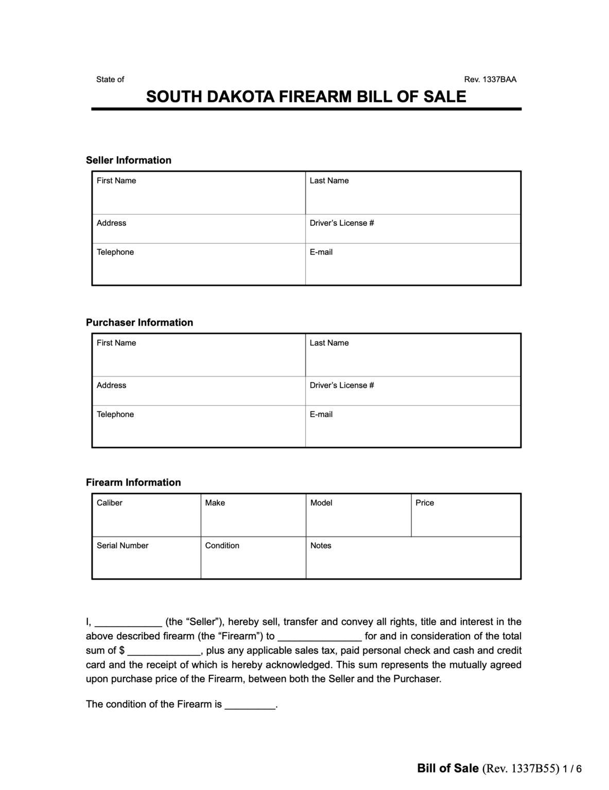 South Dakota Bill of Sale Forms | PDF & Word