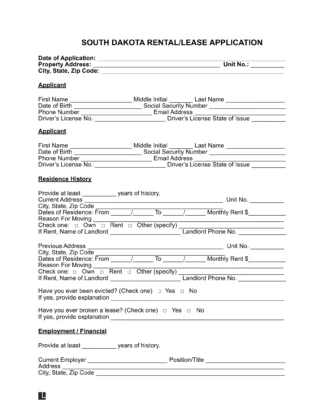 South Dakota rental application form