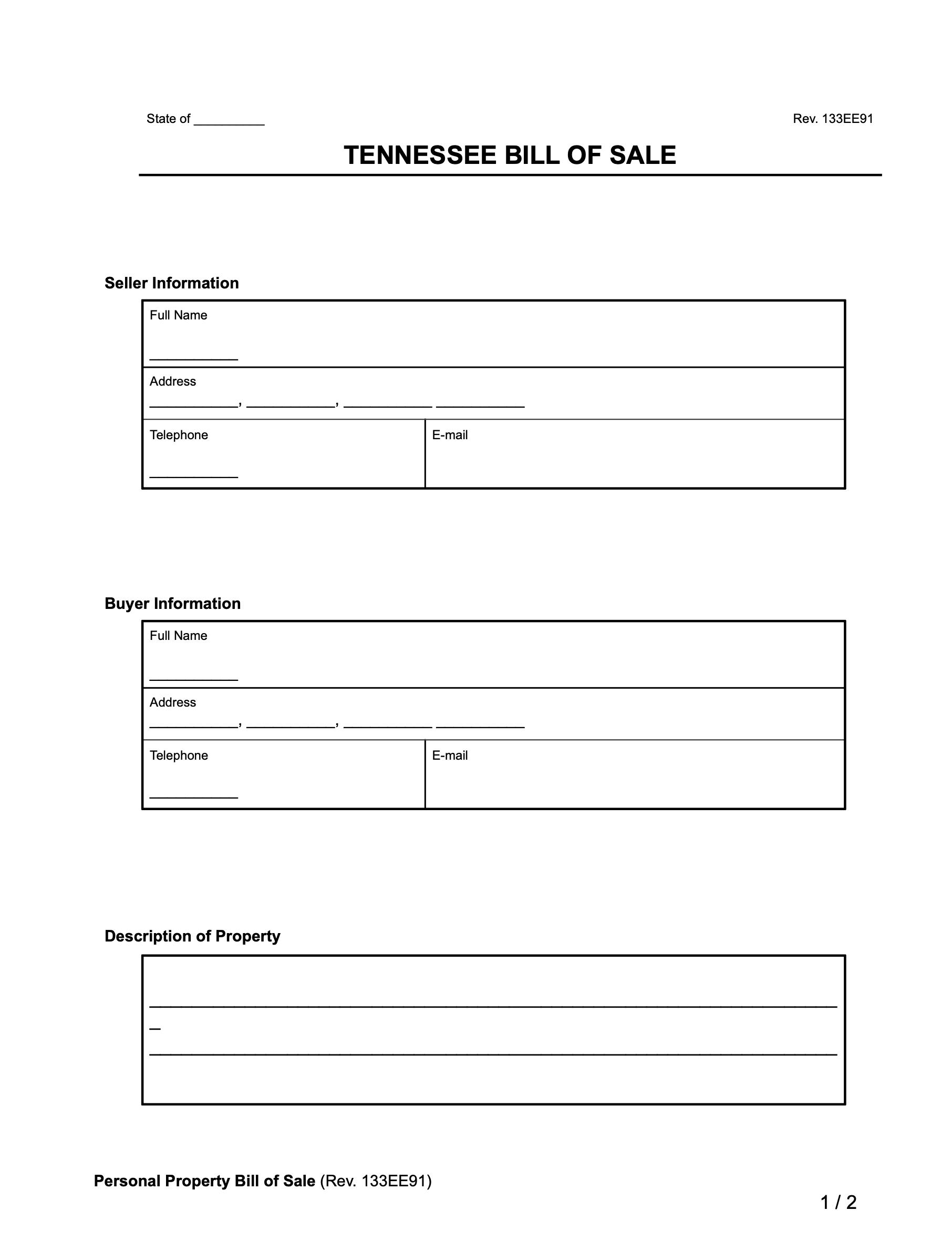 Free Tennessee Bill Of Sale Forms PDF Word