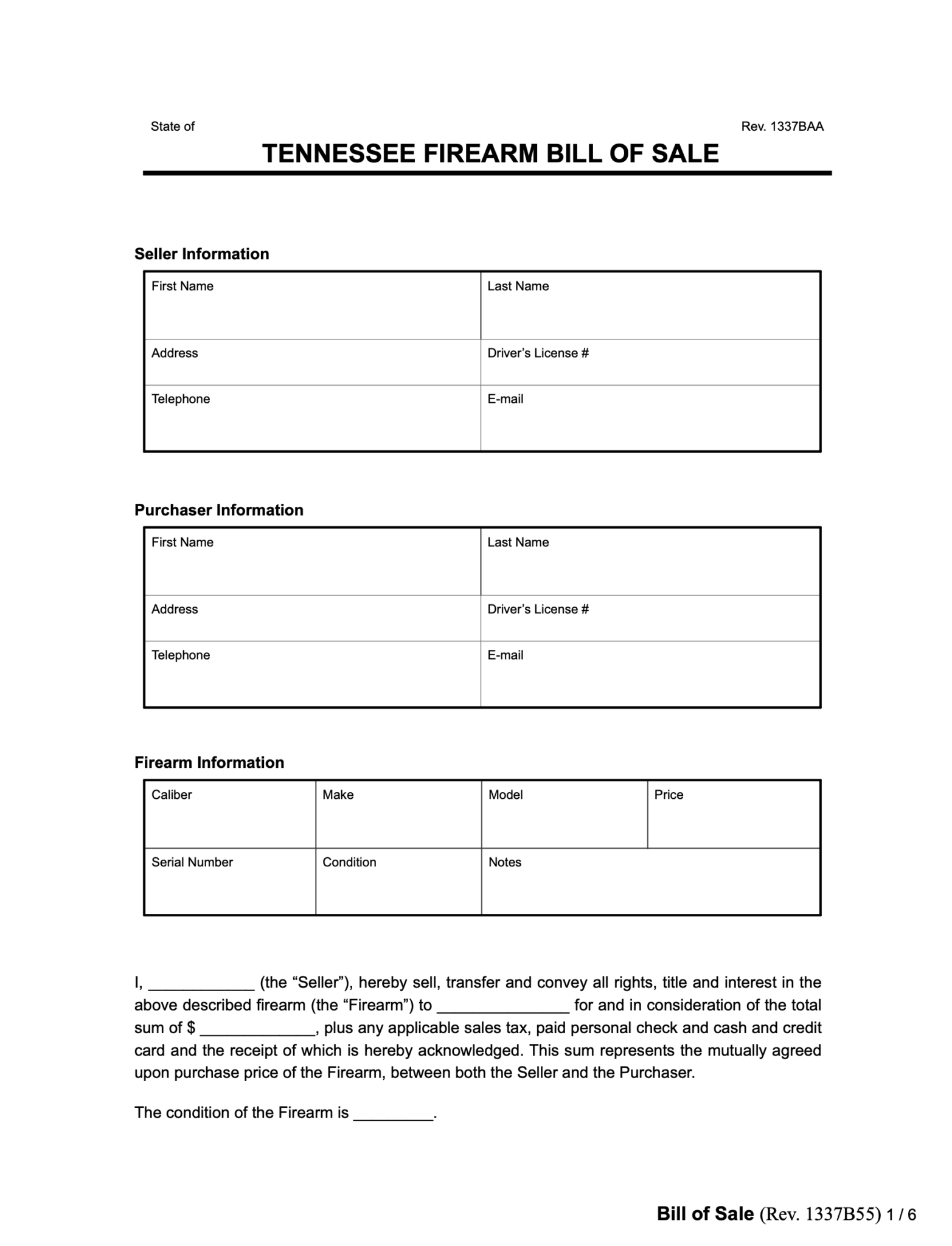 Free Tennessee Firearm Bill of Sale Form PDF & Word