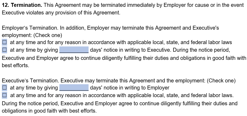 An example of where to detail information about employment termination in our executive employment agreement template. 