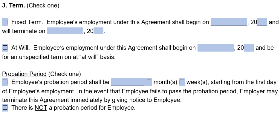 An example of where to include term and probationary period information in our employment contract screenshot