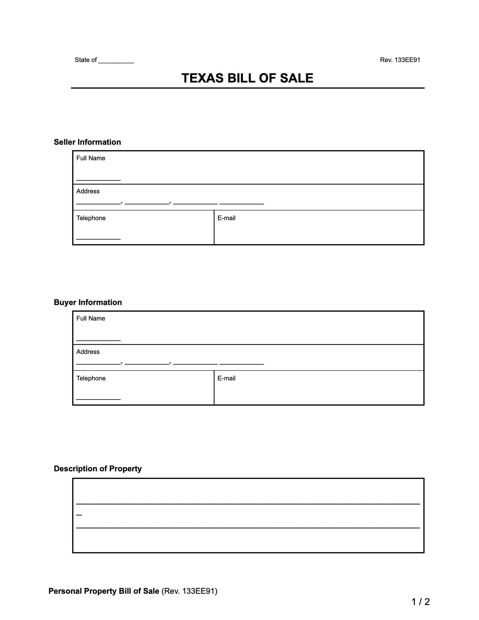 Free Texas Bill Of Sale Forms PDF Word