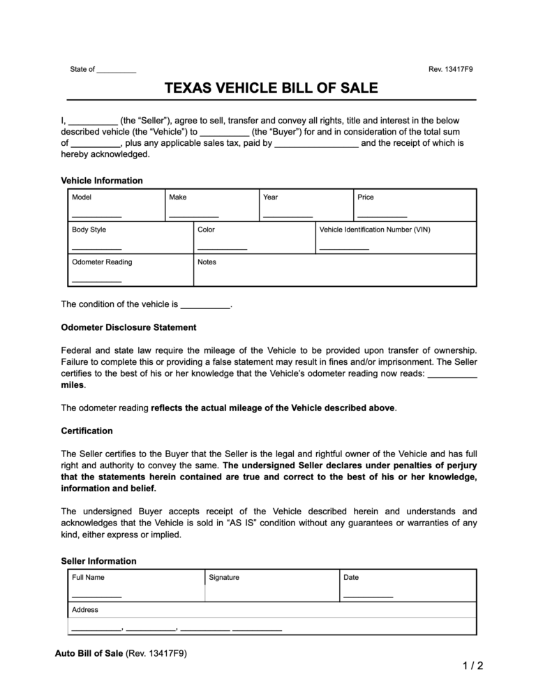 Free Texas Motor Vehicle Bill of Sale Form Legal Templates