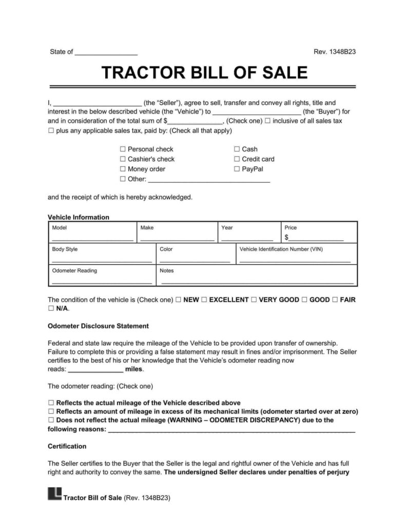 Free Tractor Bill Of Sale Template PDF Word