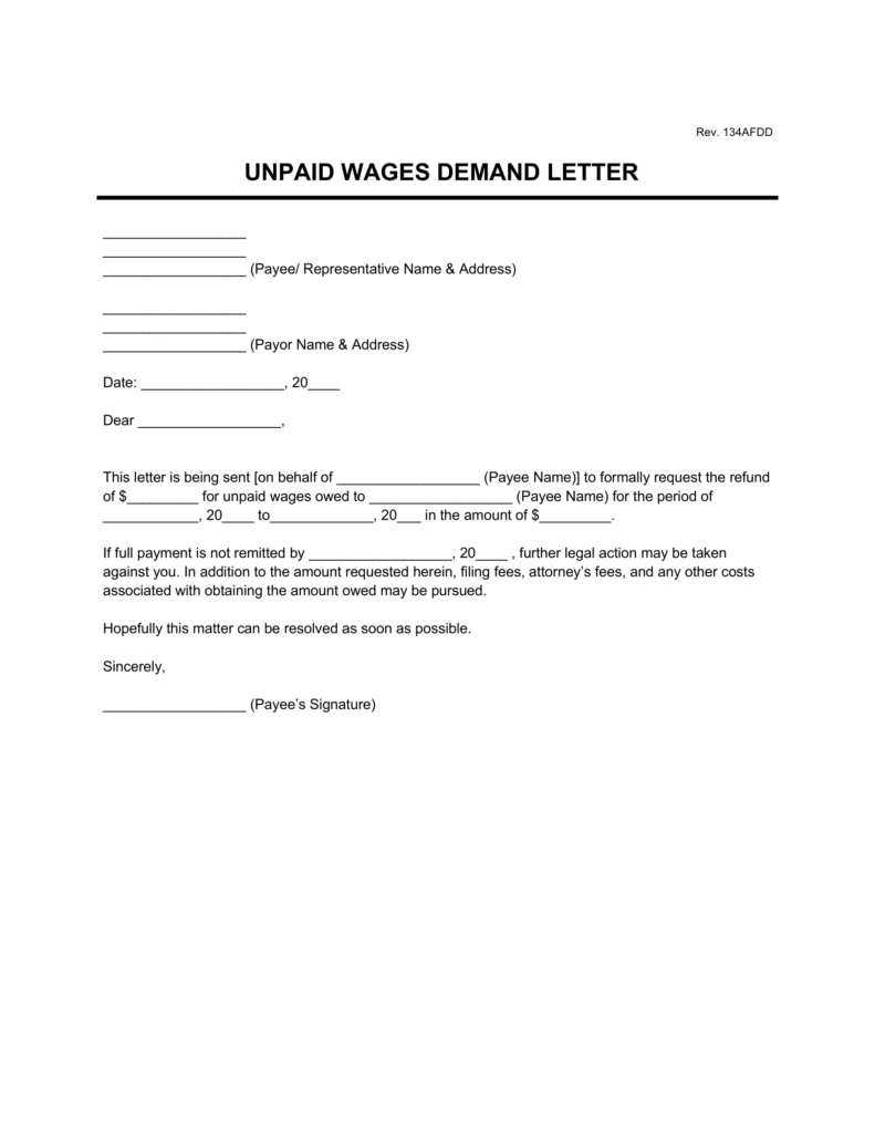 unpaid wages demand letter