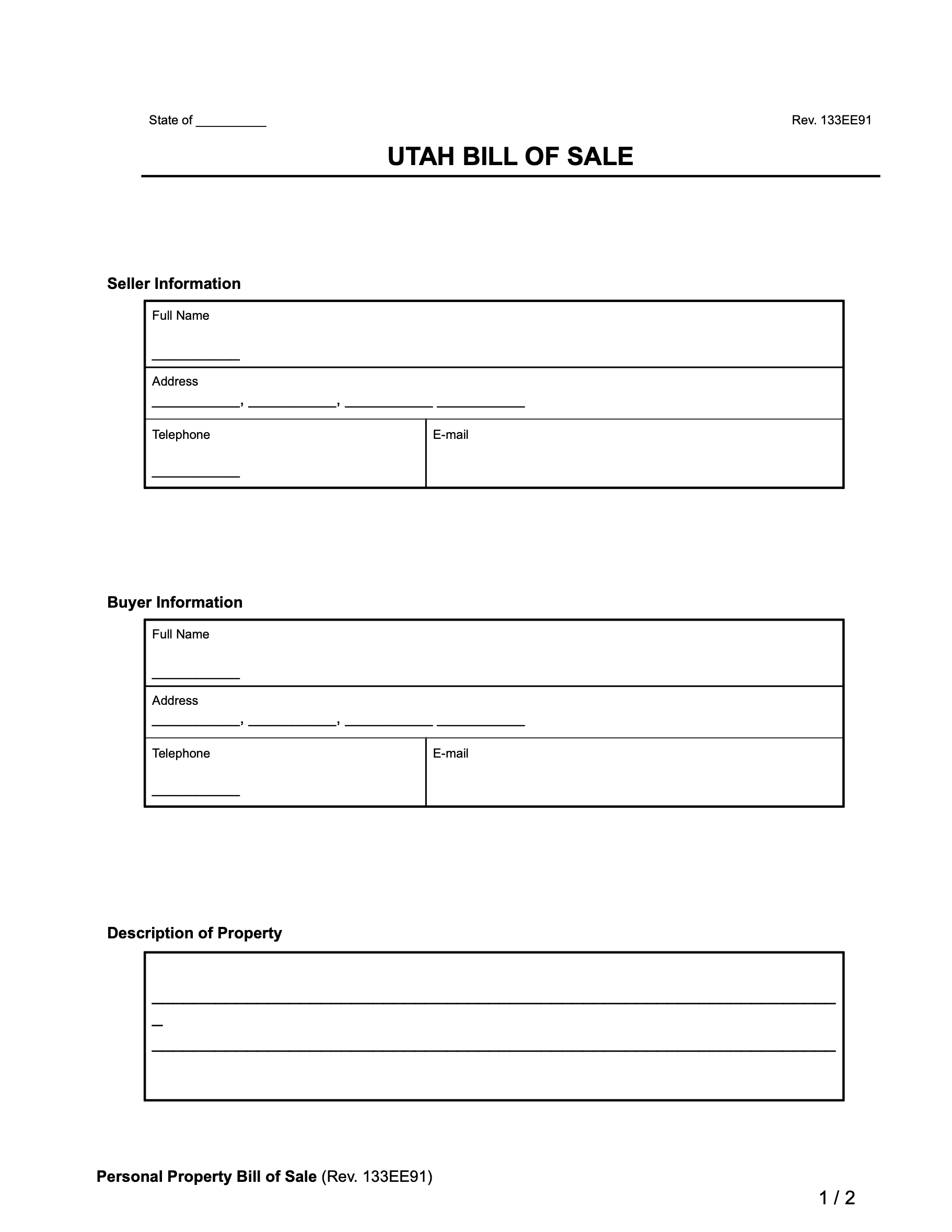 Utah Bill of Sale Form