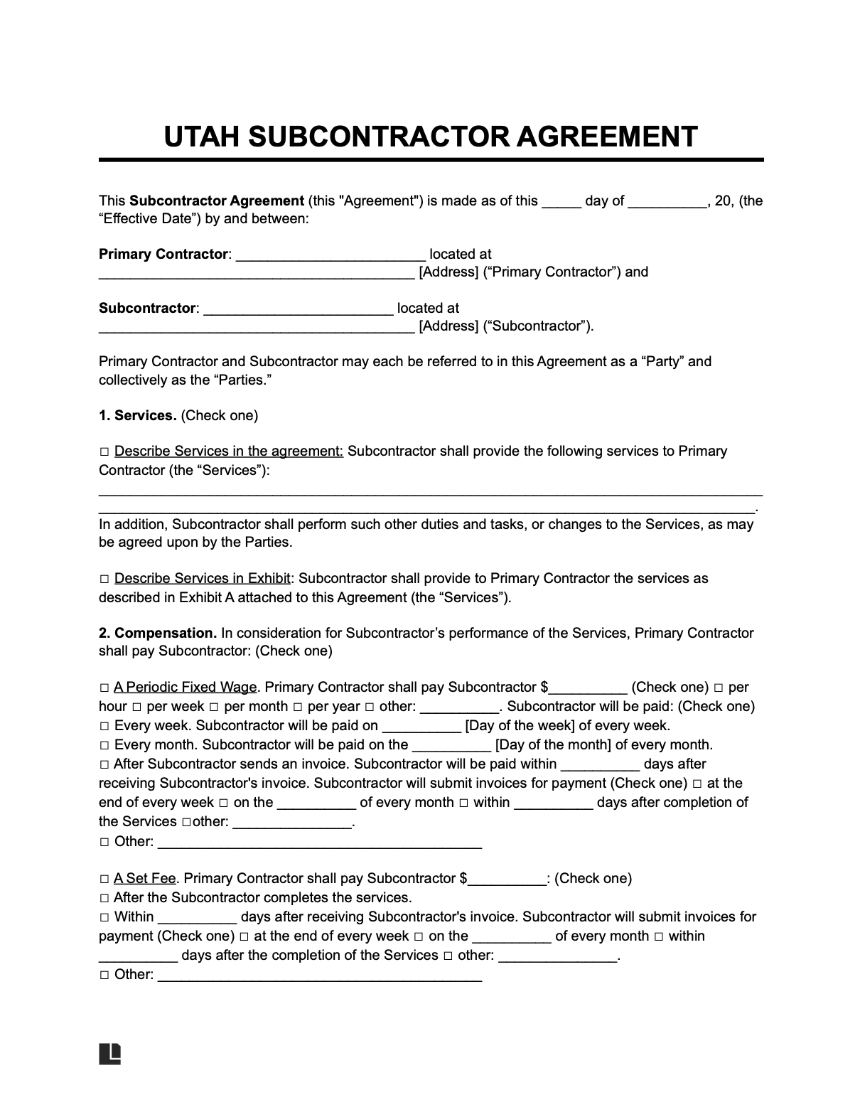 utah subcontractor agreement template