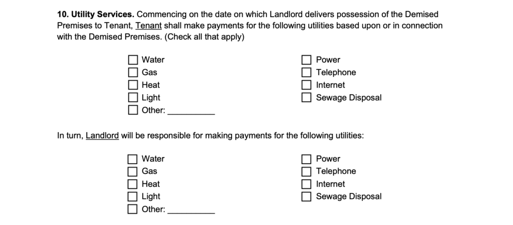 utility services section in a commercial lease agreement