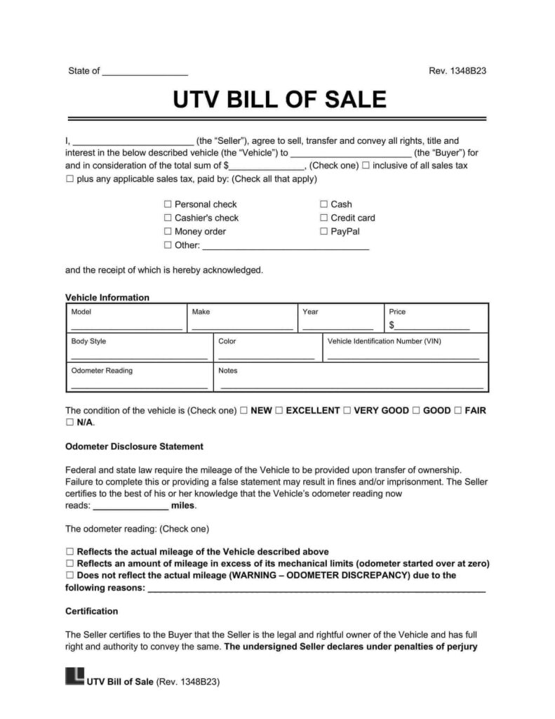 Free Utility Task Vehicle UTV Bill Of Sale Template PDF Word