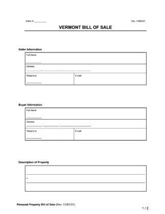 Vermont Bill of Sale Form