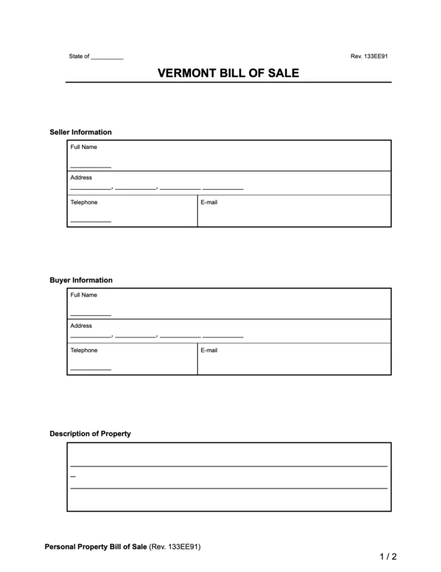 Vermont Bill of Sale Form