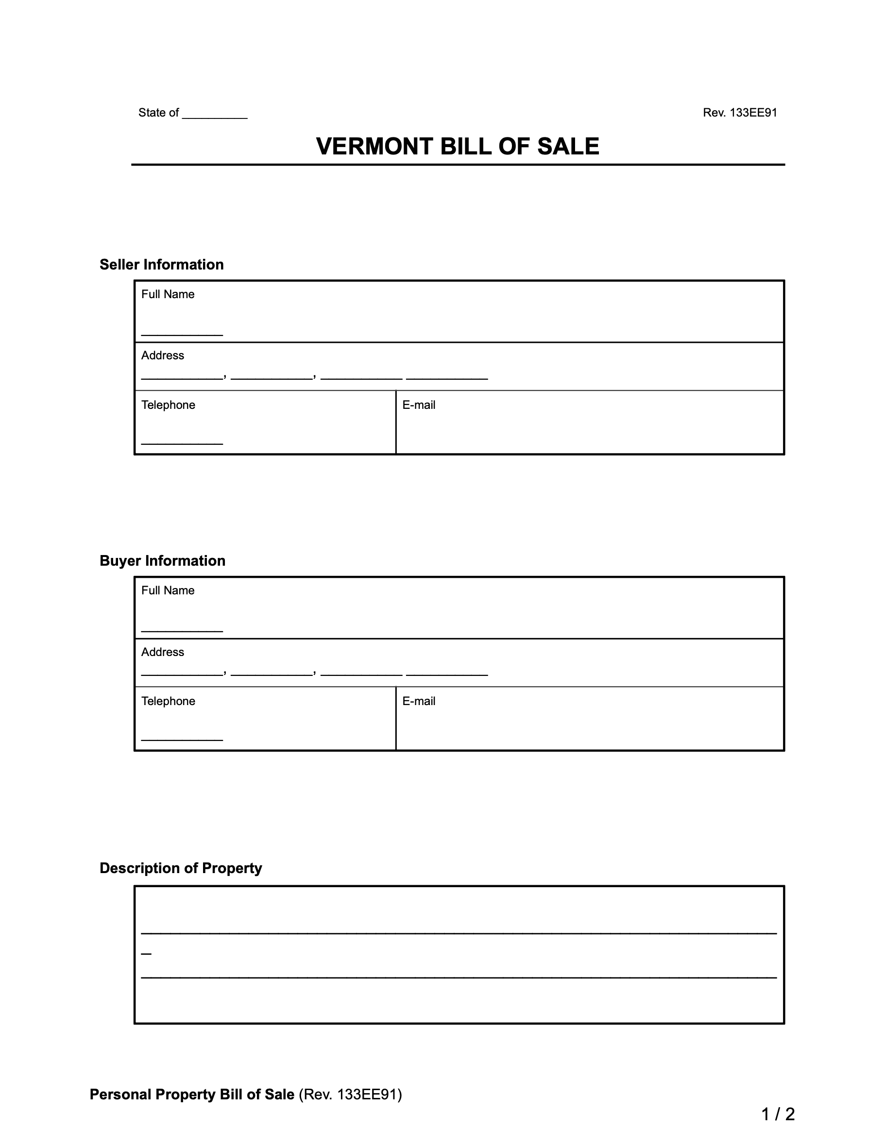 Vermont Bill of Sale Form