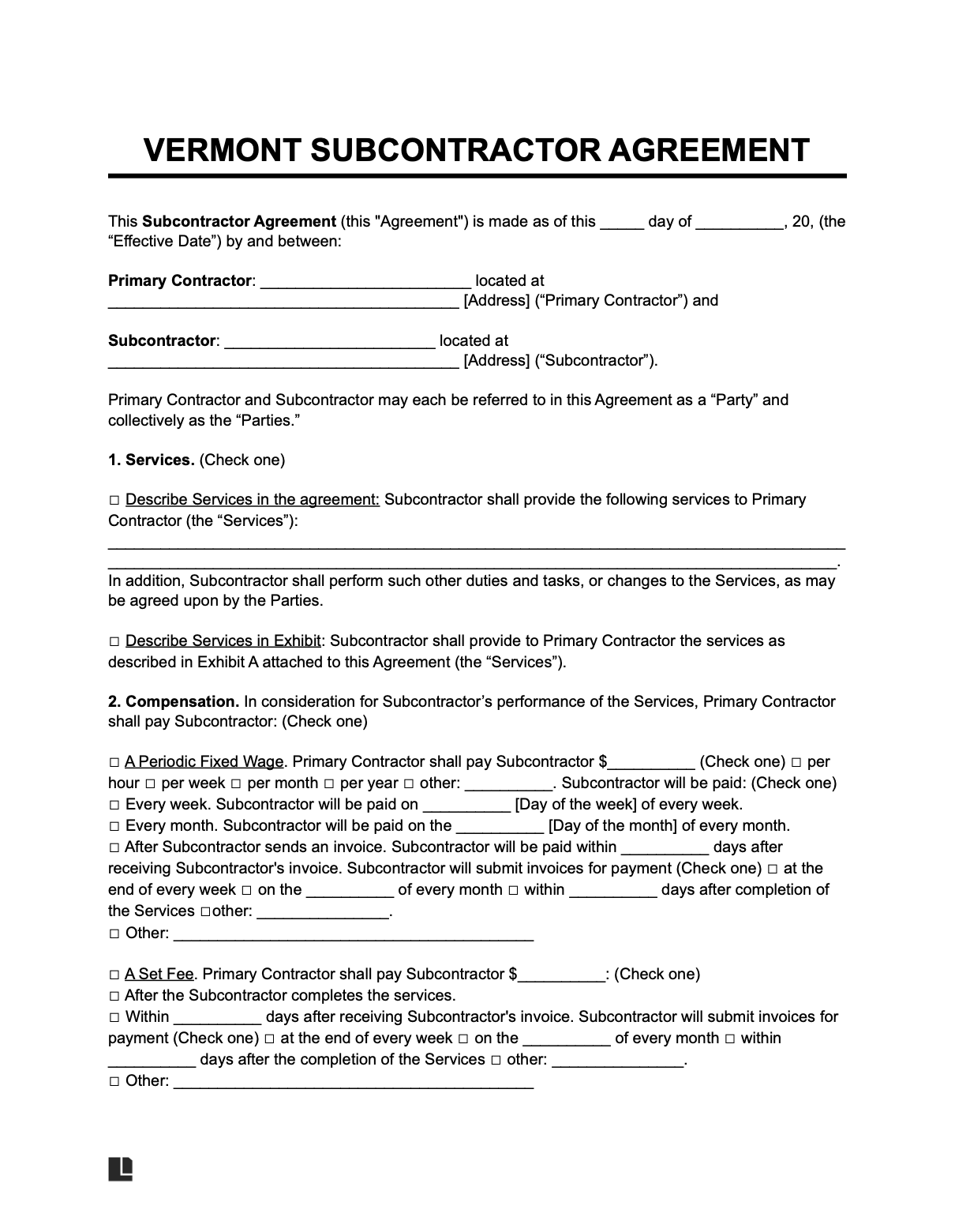 vermont subcontractor agreement template