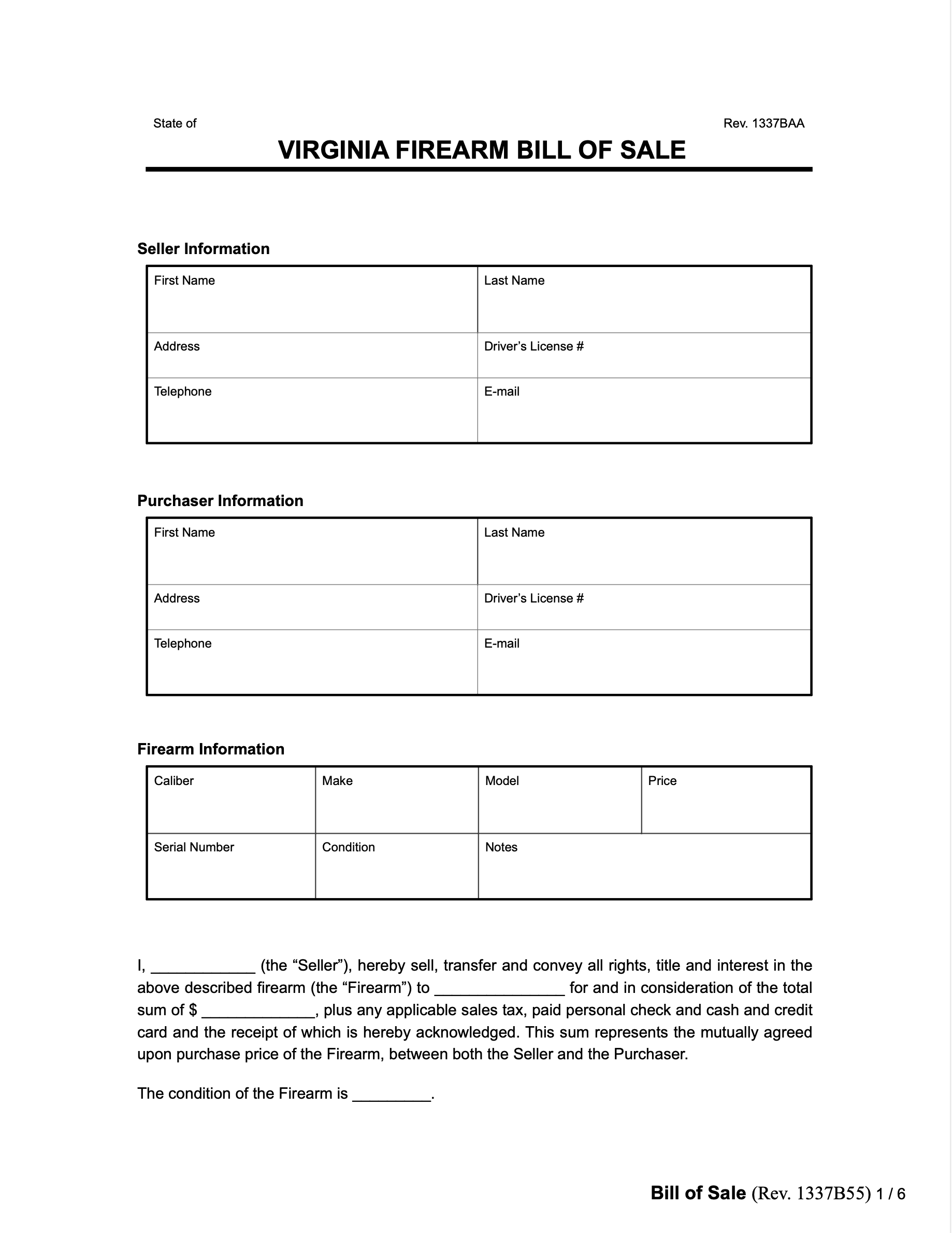 Virginia firearm bill of sale form