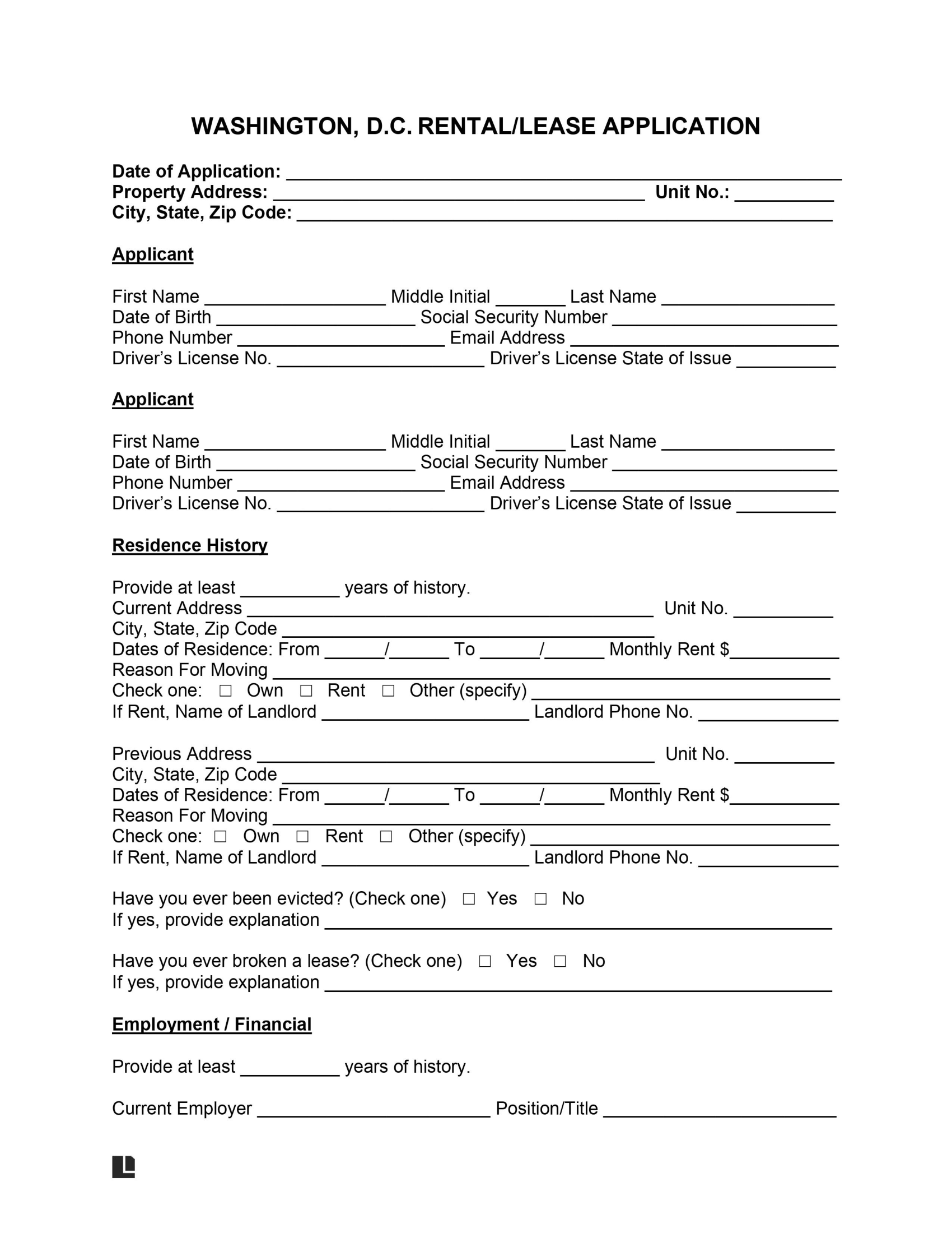 Free Washington D C Rental Application Form PDF Word