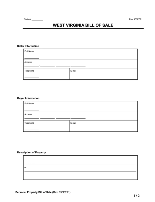 West Virginia Bill of Sale Form