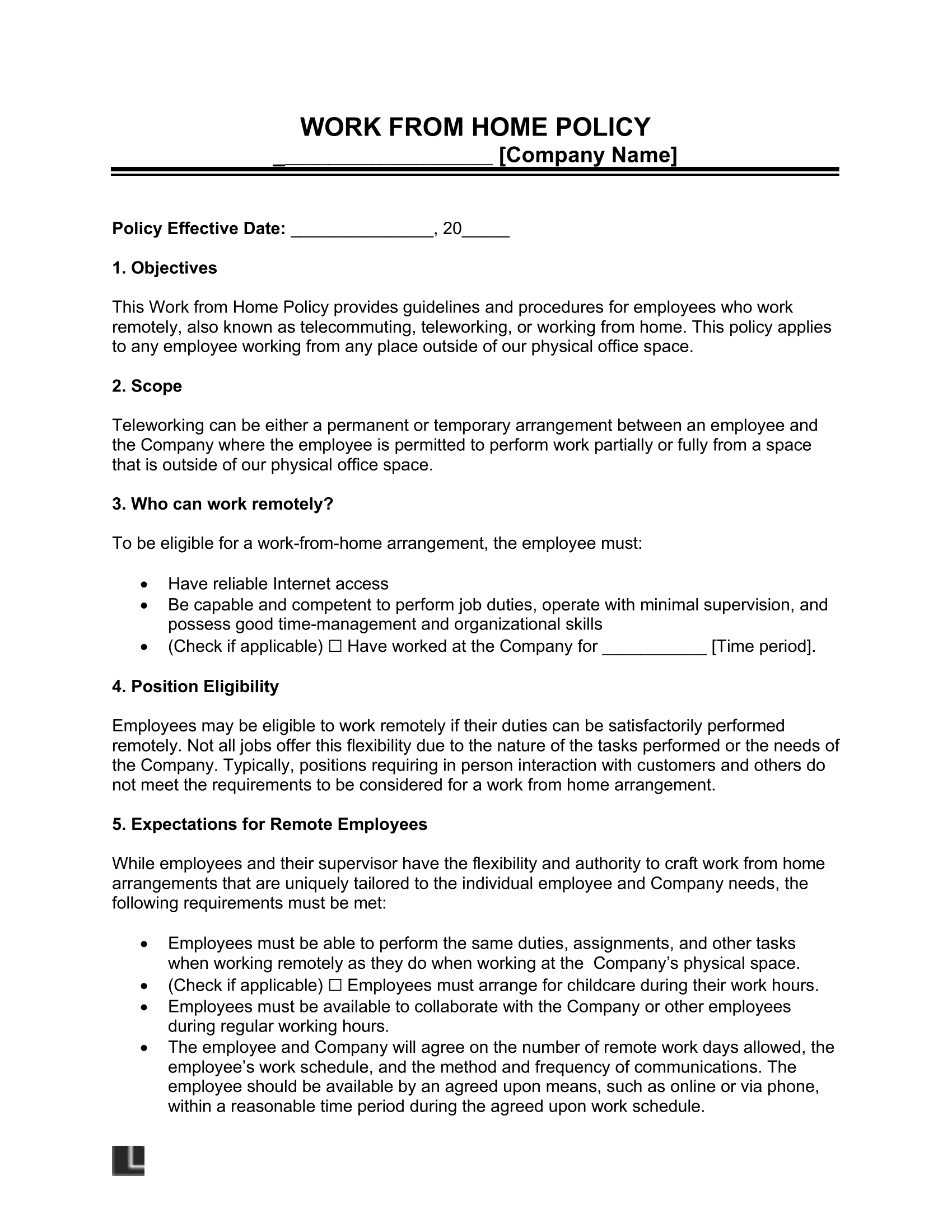 work from home policy template